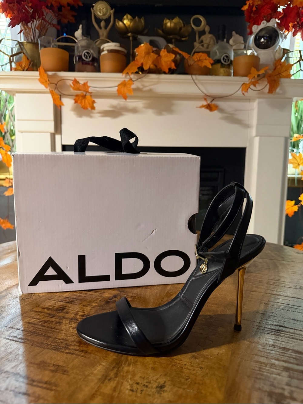 Aldo Black Stiletto With Gold Heel.